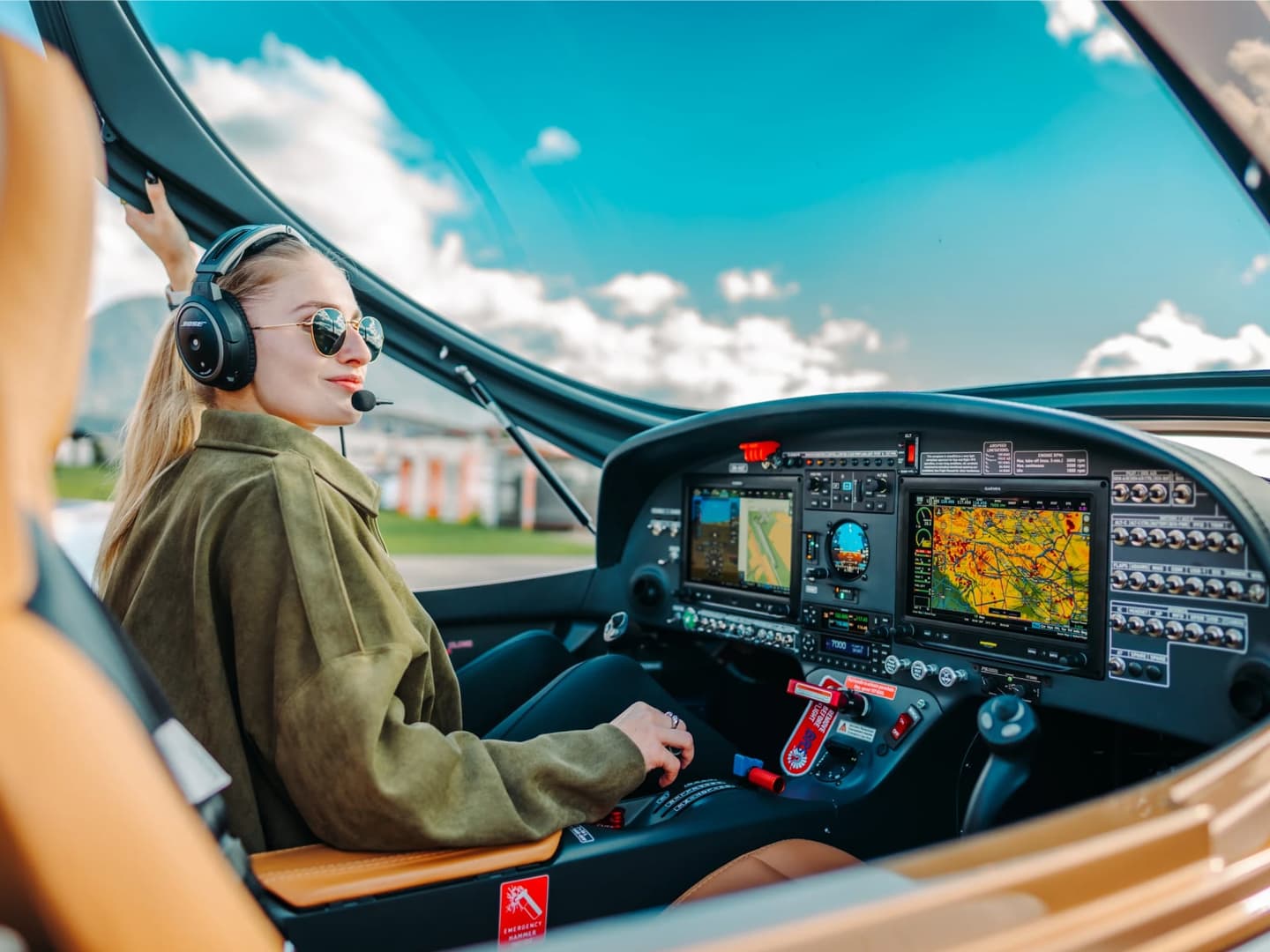 Pilot at the controls of a Bristell with dual Garmin G3X Touch displays