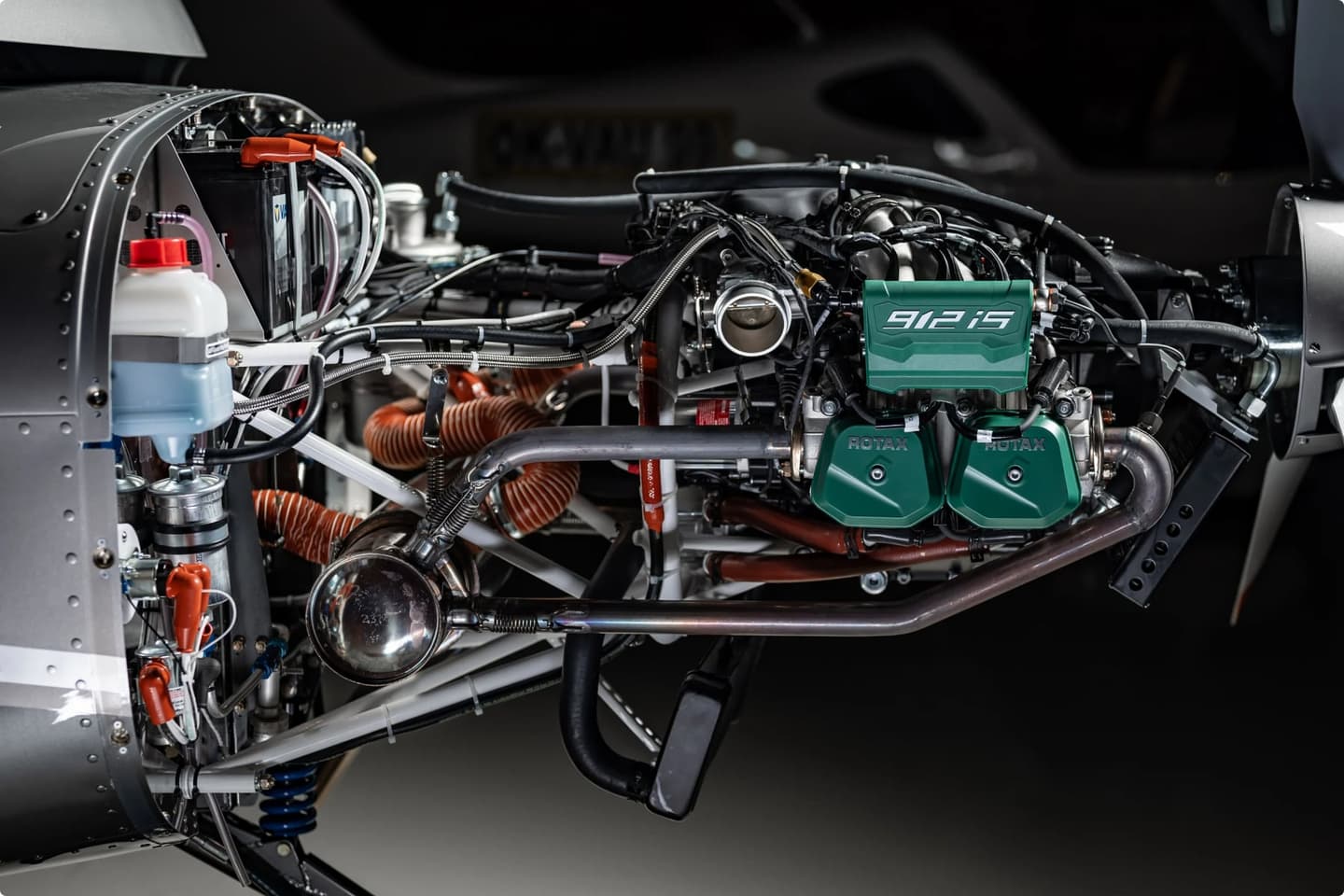 Rotax 912 iS Sport fuel-injected engine installed in a Bristell aircraft, close-up of the powerplant