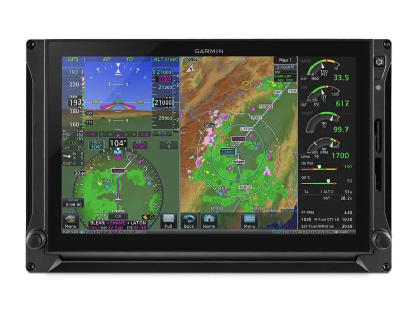 Garmin G500 TXi glass flight display showing a moving map and engine instruments.