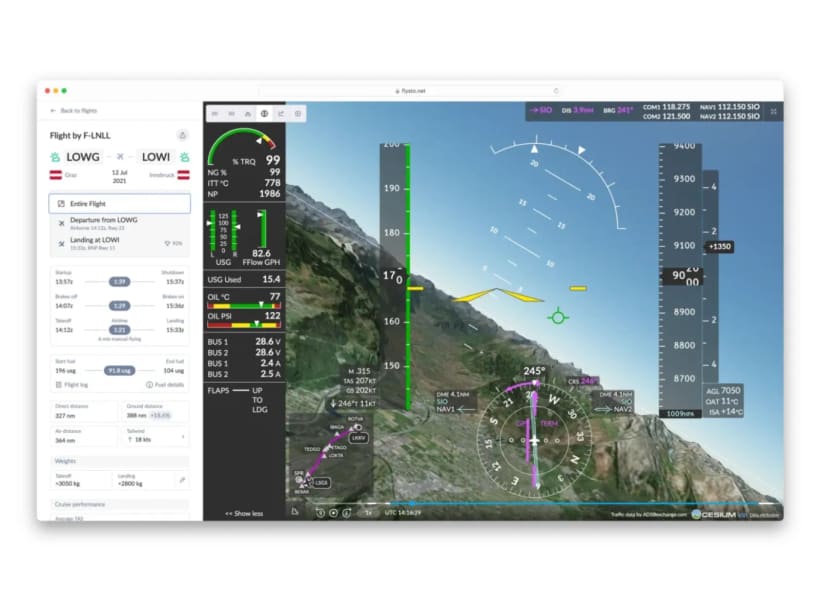 FlySto flight-analysis dashboard showing a three-dimensional flight track and performance data.