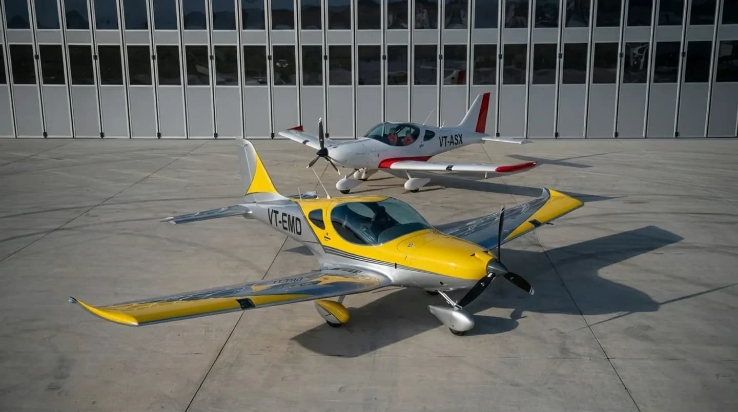 Two Bristell aircraft parked on the apron in front of a hangar, one in yellow and silver in the foreground and one in white and red behind it